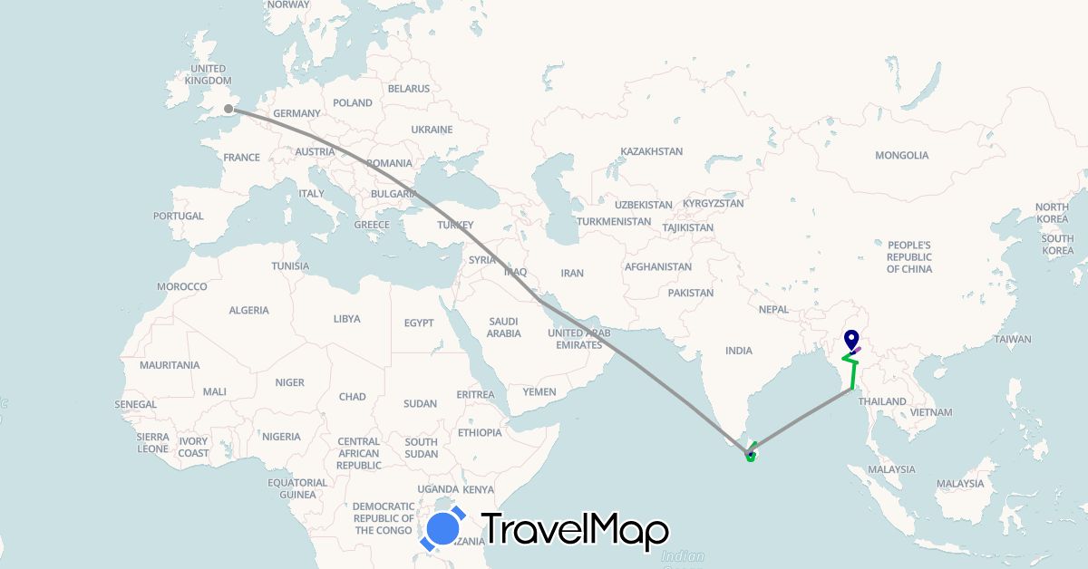 TravelMap itinerary: driving, bus, plane, train, hiking in United Kingdom, Kuwait, Sri Lanka, Myanmar (Burma) (Asia, Europe)